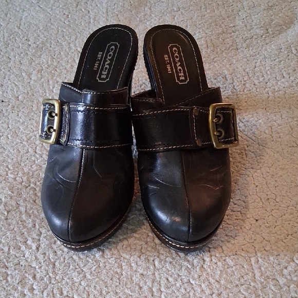 Coach Black Leather Mules with Gold Buckle - Picture 1 of 8